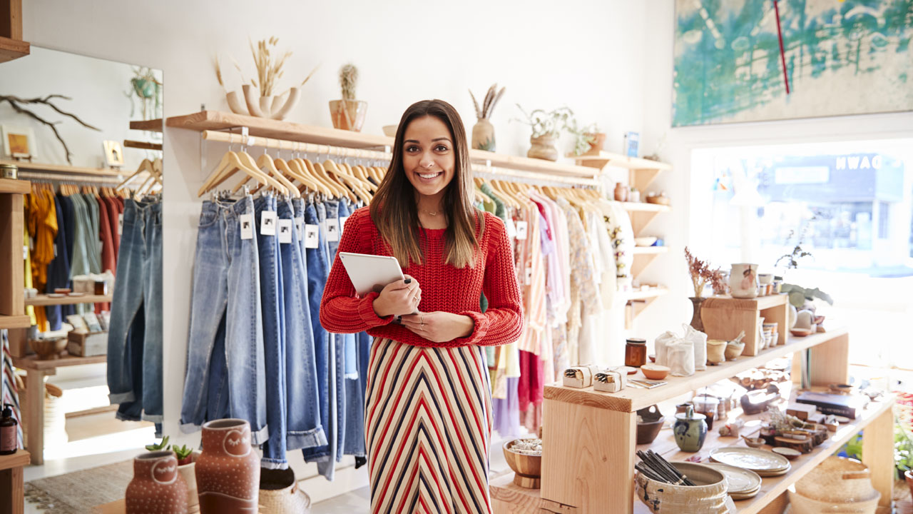 A woman in red dress